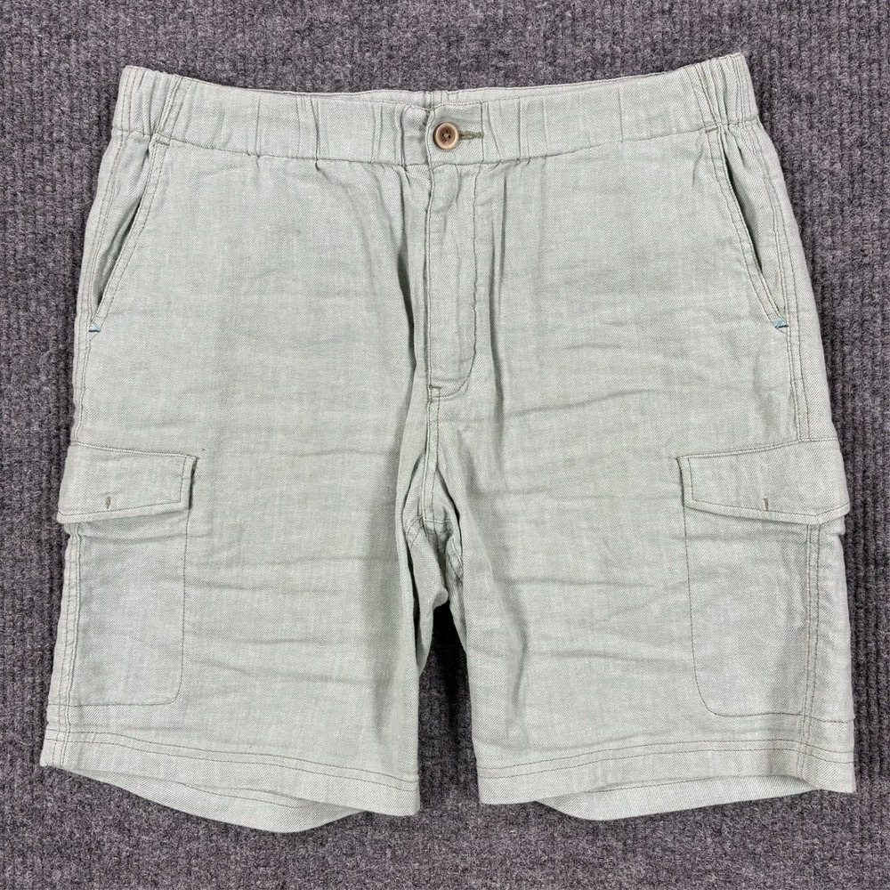 Tommy Bahama Mens Cargo Shorts Size L Green Linen Blend Elastic Waist Pockets